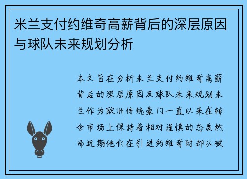 米兰支付约维奇高薪背后的深层原因与球队未来规划分析